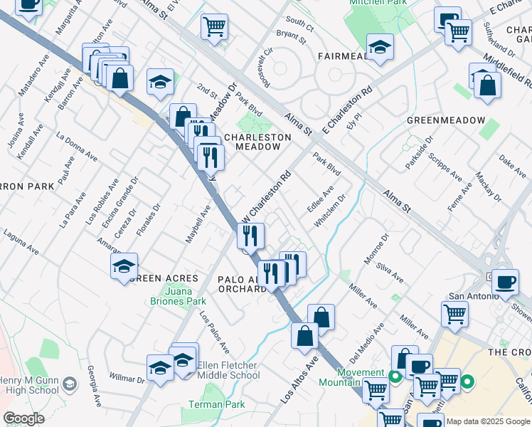 map of restaurants, bars, coffee shops, grocery stores, and more near 4206 Rickeys Way in Palo Alto