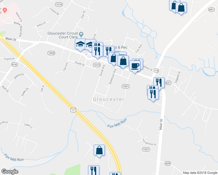 map of restaurants, bars, coffee shops, grocery stores, and more near 7223 State Route 1014 in Gloucester Courthouse