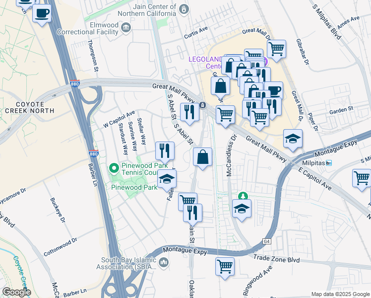 map of restaurants, bars, coffee shops, grocery stores, and more near 78 Woodland Court in Milpitas
