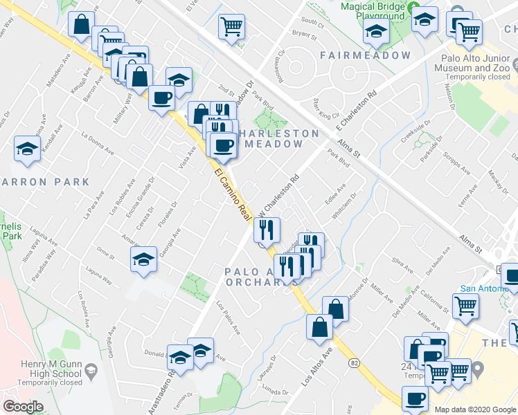 map of restaurants, bars, coffee shops, grocery stores, and more near 488 West Charleston Road in Palo Alto