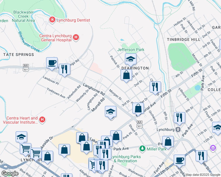 map of restaurants, bars, coffee shops, grocery stores, and more near 118 Morgan Street in Lynchburg