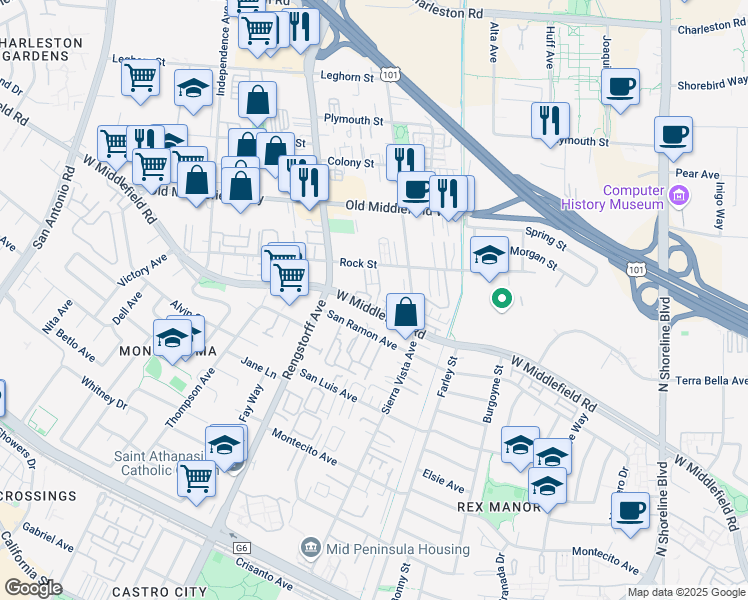 map of restaurants, bars, coffee shops, grocery stores, and more near 1963 Rock Street in Mountain View