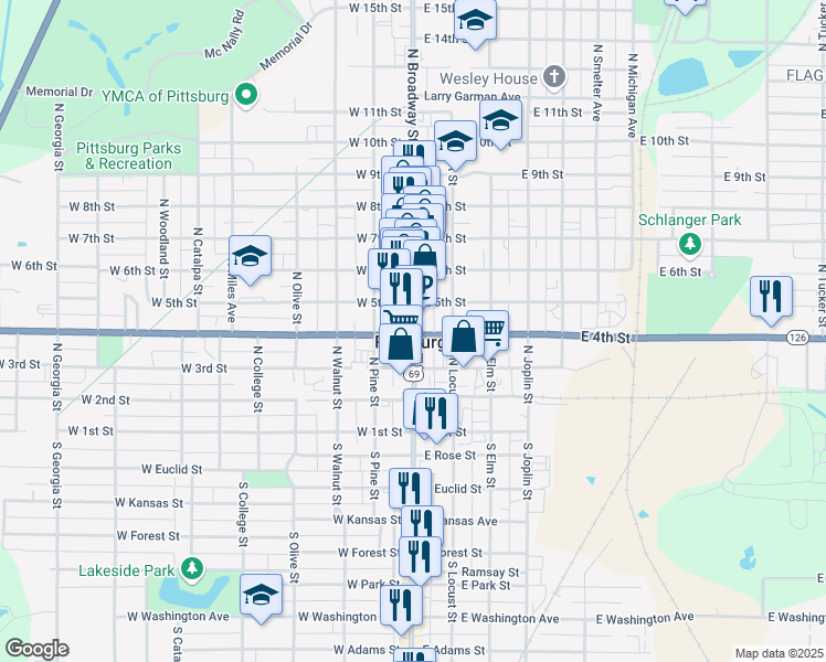 map of restaurants, bars, coffee shops, grocery stores, and more near 409 North Broadway Street in Pittsburg