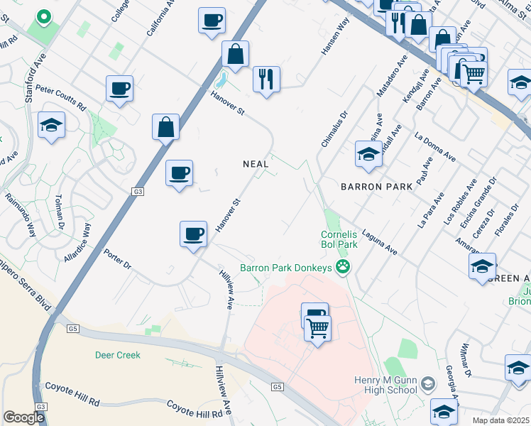 map of restaurants, bars, coffee shops, grocery stores, and more near 3251 Hanover Street in Palo Alto