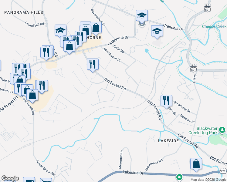 map of restaurants, bars, coffee shops, grocery stores, and more near 109 Legacy Oaks Place in Lynchburg