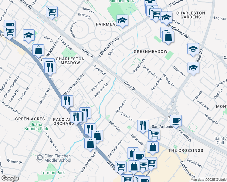 map of restaurants, bars, coffee shops, grocery stores, and more near 282 Monroe Drive in Mountain View
