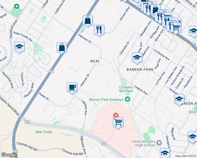 map of restaurants, bars, coffee shops, grocery stores, and more near 3251 Hanover Street in Palo Alto