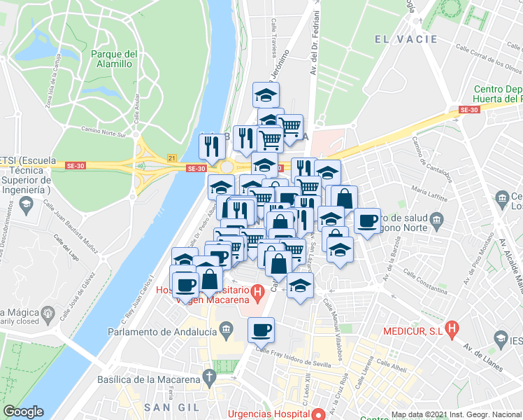 map of restaurants, bars, coffee shops, grocery stores, and more near Calle Cueva de la Mora in Sevilla