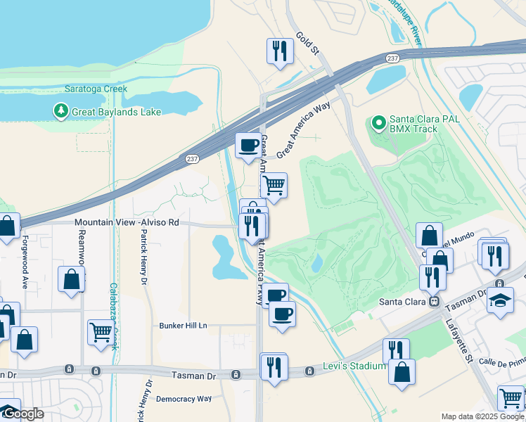 map of restaurants, bars, coffee shops, grocery stores, and more near 5451 Great America Parkway in Santa Clara
