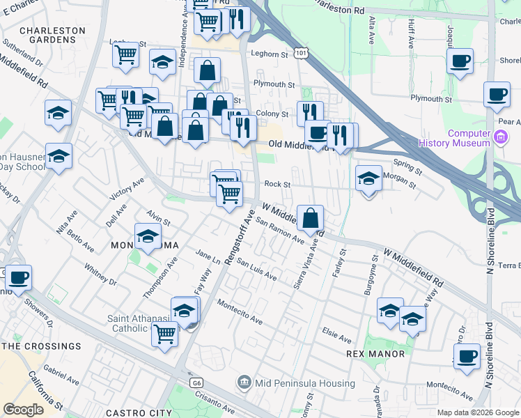 map of restaurants, bars, coffee shops, grocery stores, and more near 2035 West Middlefield Road in Mountain View
