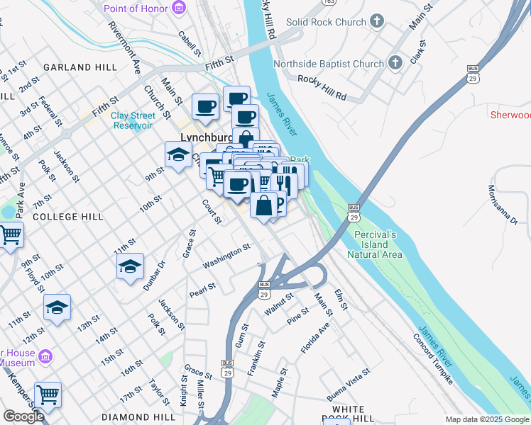 map of restaurants, bars, coffee shops, grocery stores, and more near 1310 Main Street in Lynchburg