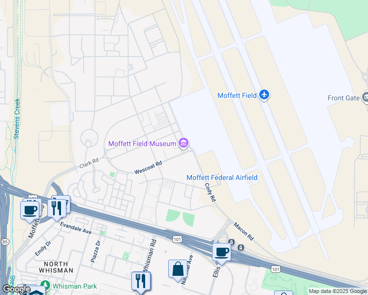 map of restaurants, bars, coffee shops, grocery stores, and more near 500 Severyns Avenue in Mountain View