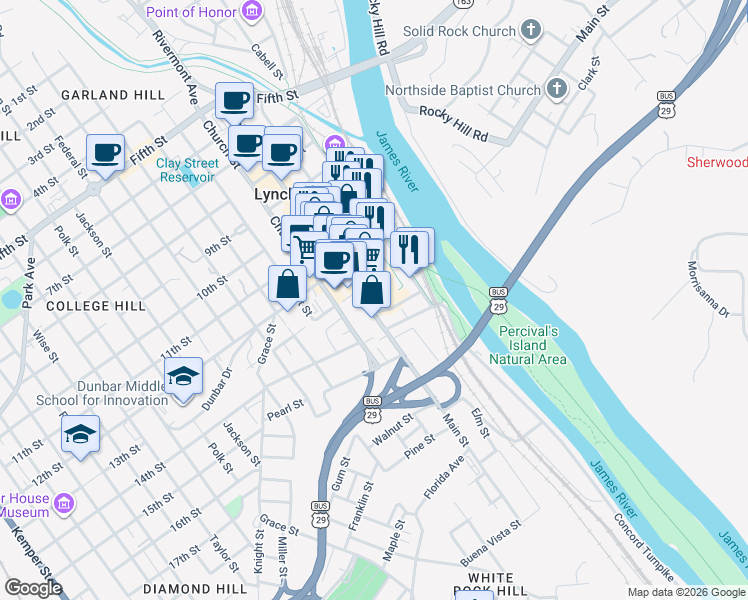 map of restaurants, bars, coffee shops, grocery stores, and more near 1310 Main Street in Lynchburg
