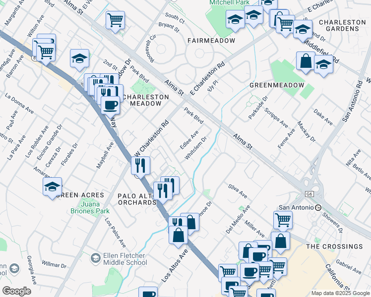map of restaurants, bars, coffee shops, grocery stores, and more near 341 Edlee Avenue in Palo Alto