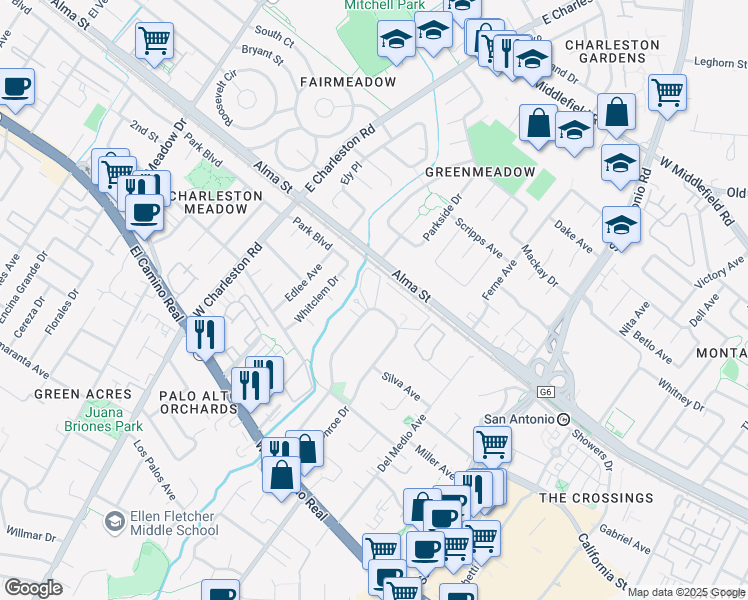 map of restaurants, bars, coffee shops, grocery stores, and more near 278 Monroe Drive in Mountain View