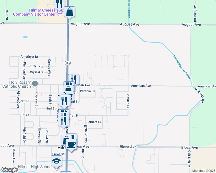 map of restaurants, bars, coffee shops, grocery stores, and more near 19746 American Avenue in Hilmar