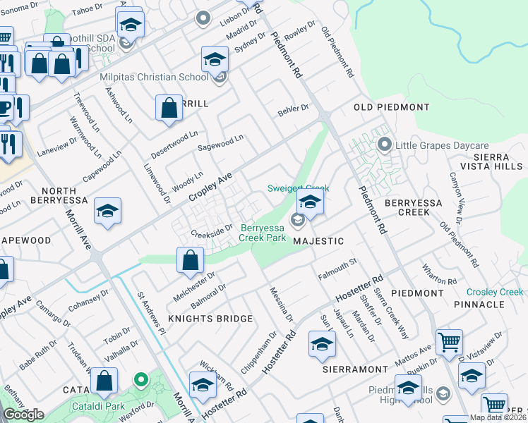 map of restaurants, bars, coffee shops, grocery stores, and more near 3276 Parkhaven Drive in San Jose
