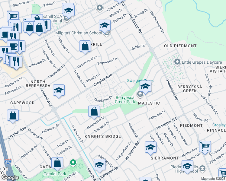 map of restaurants, bars, coffee shops, grocery stores, and more near 3214 Parkhaven Drive in San Jose