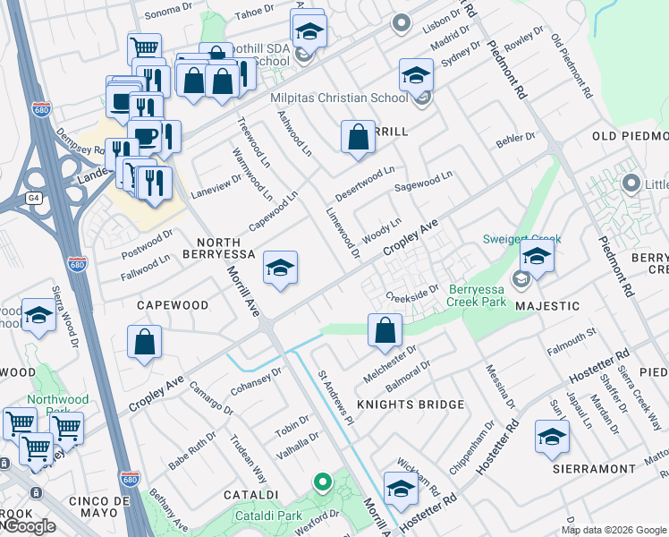 map of restaurants, bars, coffee shops, grocery stores, and more near 1935 Treewood Lane in San Jose