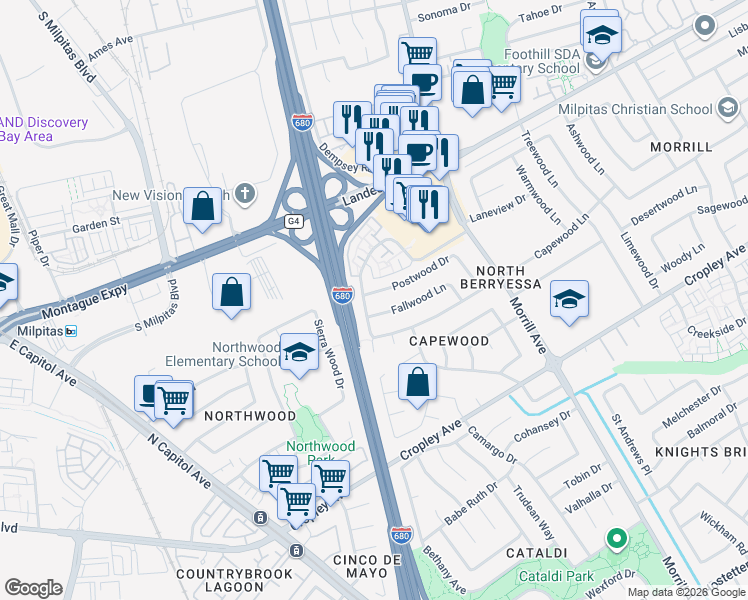 map of restaurants, bars, coffee shops, grocery stores, and more near 2896 Postwood Drive in San Jose