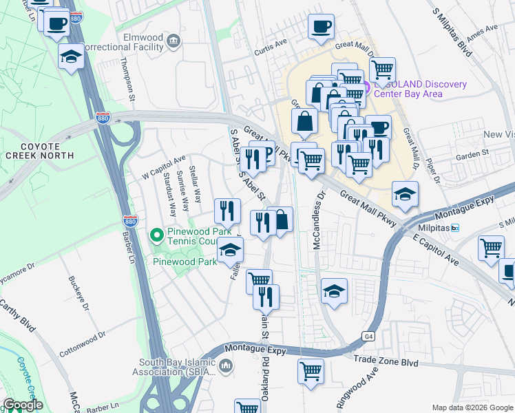 map of restaurants, bars, coffee shops, grocery stores, and more near 78 Woodland Court in Milpitas