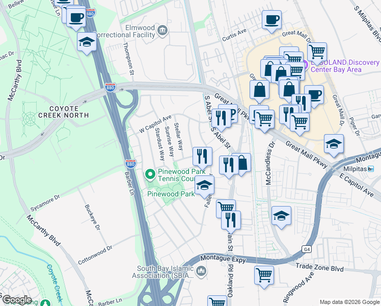 map of restaurants, bars, coffee shops, grocery stores, and more near 1268 Stellar Way in Milpitas