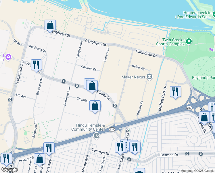 map of restaurants, bars, coffee shops, grocery stores, and more near 475 East Java Drive in Sunnyvale