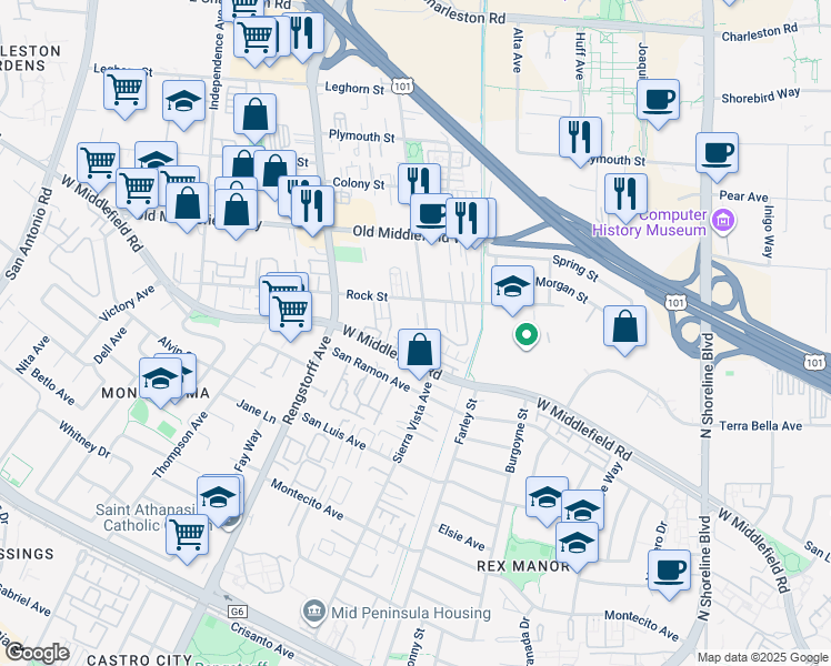 map of restaurants, bars, coffee shops, grocery stores, and more near 658 Sierra Vista Avenue in Mountain View