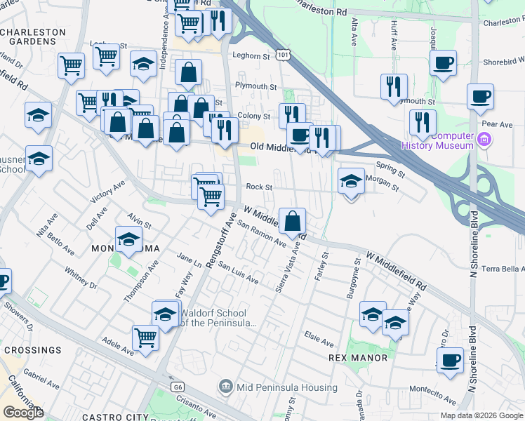map of restaurants, bars, coffee shops, grocery stores, and more near 2031 Rock Street in Mountain View