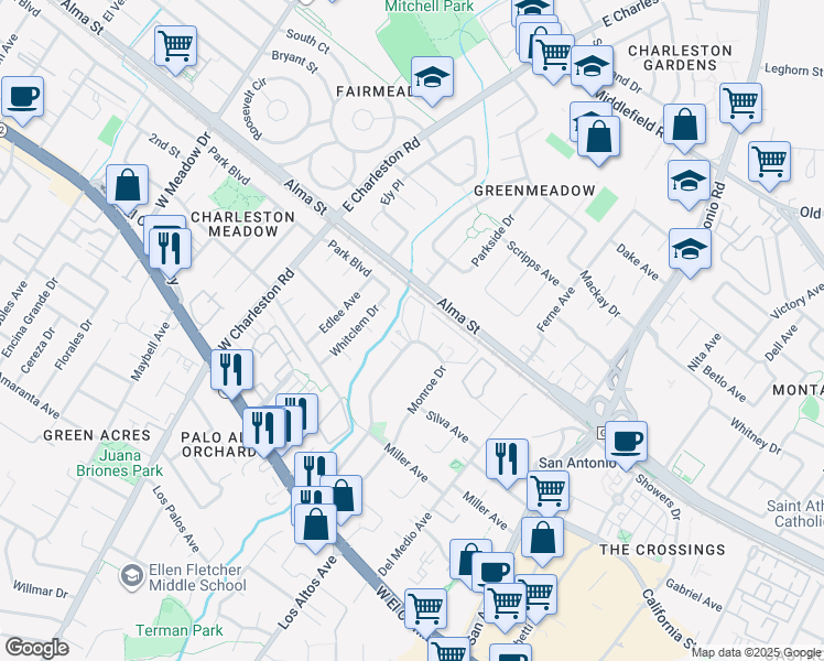 map of restaurants, bars, coffee shops, grocery stores, and more near 278 Monroe Drive in Mountain View