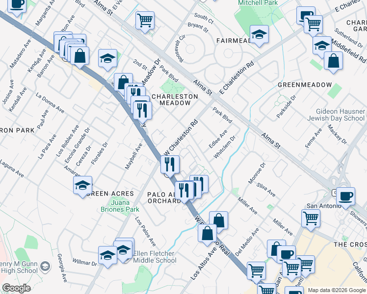 map of restaurants, bars, coffee shops, grocery stores, and more near 4201 Juniper Lane in Palo Alto