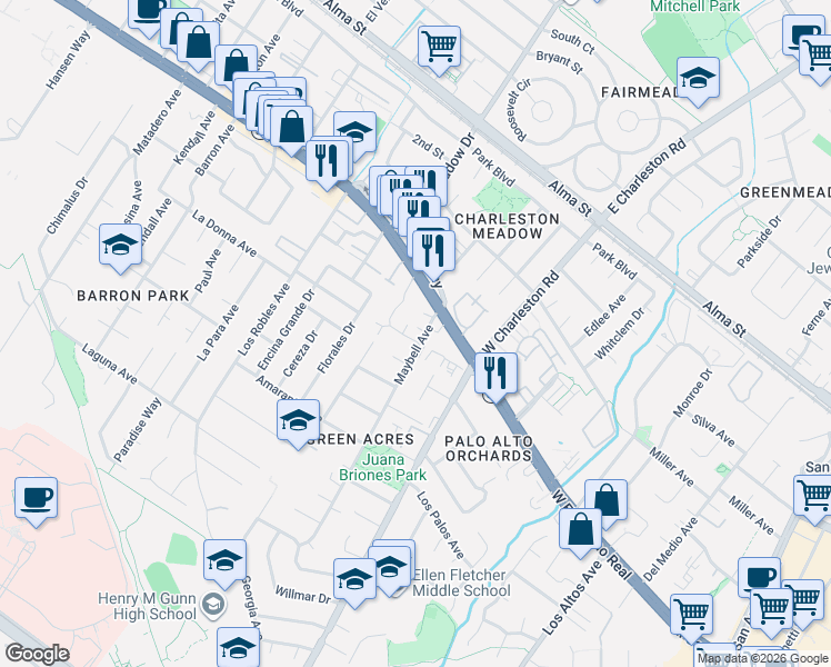 map of restaurants, bars, coffee shops, grocery stores, and more near 4155 Interdale Way in Palo Alto