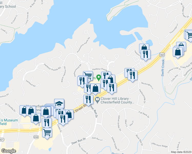 map of restaurants, bars, coffee shops, grocery stores, and more near 13644 Baycraft Terrace in Midlothian