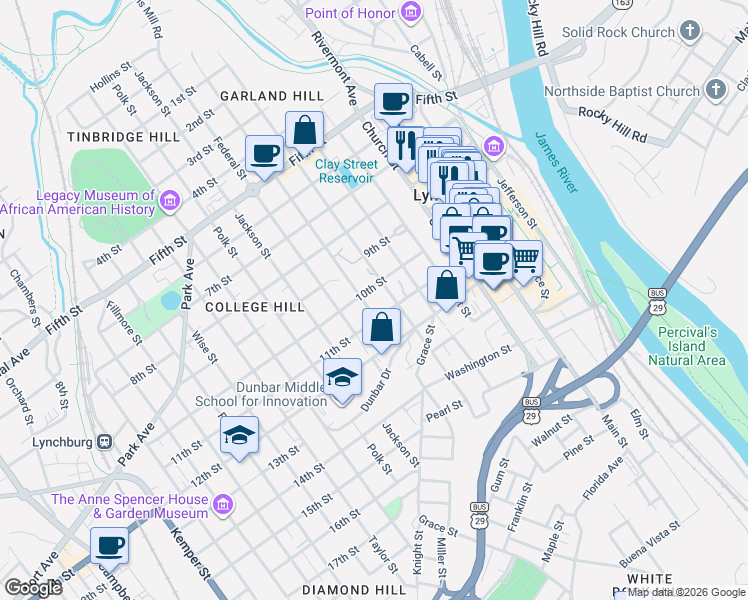 map of restaurants, bars, coffee shops, grocery stores, and more near 1000 Harrison Street in Lynchburg