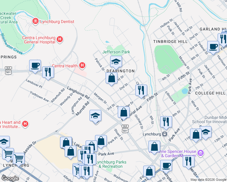 map of restaurants, bars, coffee shops, grocery stores, and more near 1845 2nd Street in Lynchburg
