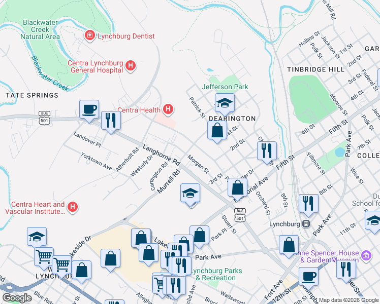 map of restaurants, bars, coffee shops, grocery stores, and more near 118 Morgan Street in Lynchburg