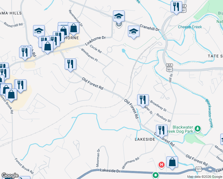 map of restaurants, bars, coffee shops, grocery stores, and more near 2412 Old Forest Road in Lynchburg