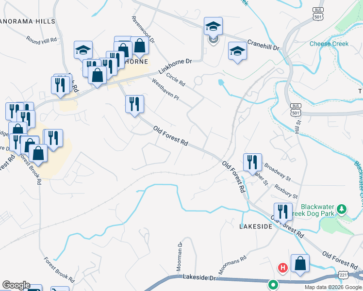map of restaurants, bars, coffee shops, grocery stores, and more near 2437 Old Forest Road in Lynchburg