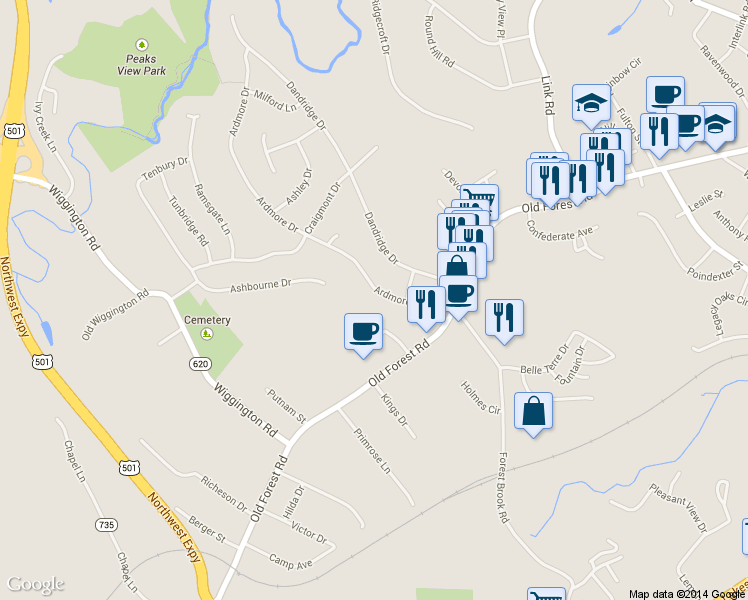 map of restaurants, bars, coffee shops, grocery stores, and more near 1025 Ardmore Drive in Lynchburg