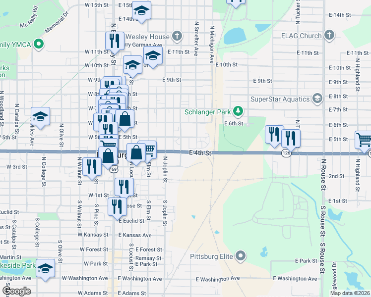 map of restaurants, bars, coffee shops, grocery stores, and more near 417-499 N Smelter St in Pittsburg