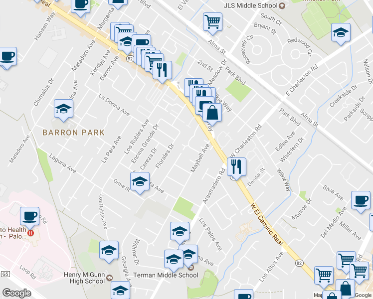 map of restaurants, bars, coffee shops, grocery stores, and more near 4148 Thain Way in Palo Alto