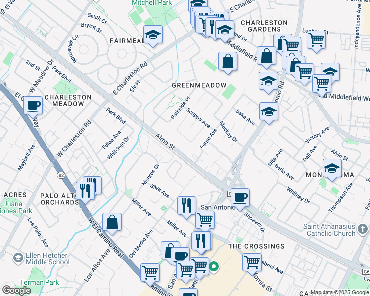 map of restaurants, bars, coffee shops, grocery stores, and more near 4161 Alma Street in Palo Alto
