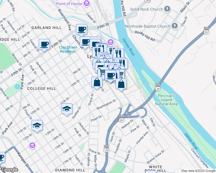 map of restaurants, bars, coffee shops, grocery stores, and more near 314 12th Street in Lynchburg