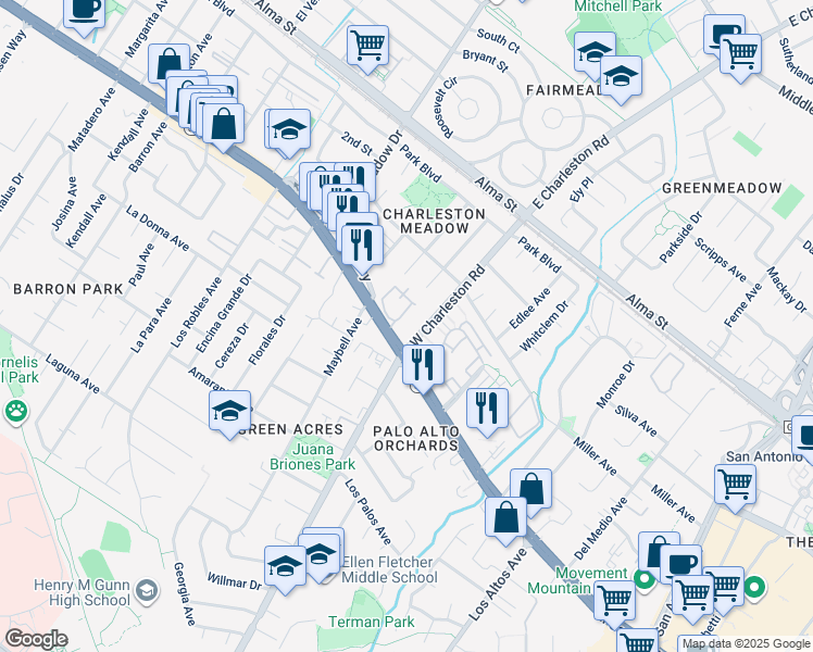map of restaurants, bars, coffee shops, grocery stores, and more near 4173 El Camino Real in Palo Alto