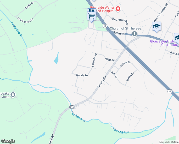 map of restaurants, bars, coffee shops, grocery stores, and more near James Woods Drive in Gloucester County