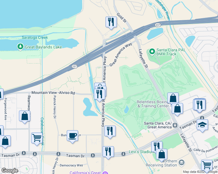 map of restaurants, bars, coffee shops, grocery stores, and more near 5451 Great America Parkway in Santa Clara