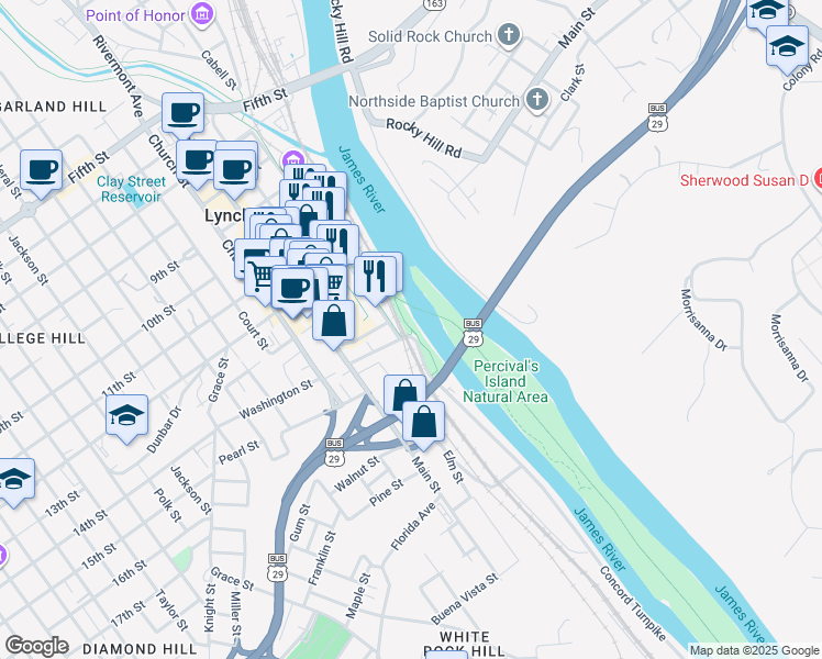 map of restaurants, bars, coffee shops, grocery stores, and more near 9 Washington Street in Lynchburg
