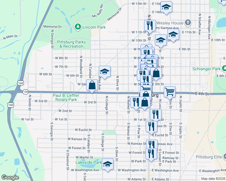 map of restaurants, bars, coffee shops, grocery stores, and more near 410 West 4th Street in Pittsburg