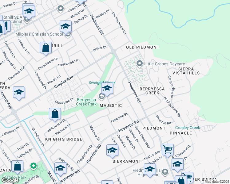 map of restaurants, bars, coffee shops, grocery stores, and more near 3323 Farthing Way in San Jose