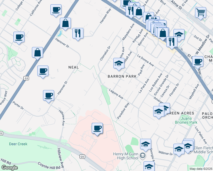 map of restaurants, bars, coffee shops, grocery stores, and more near 3569 Laguna Avenue in Palo Alto